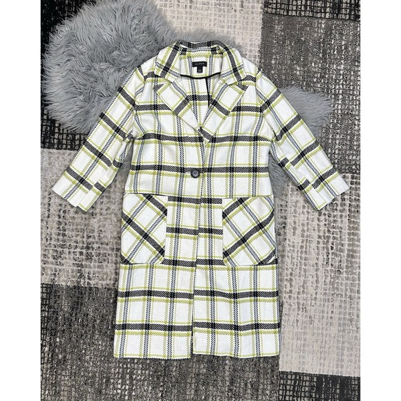 Halogen Women's White/Green Plaid Long Fall Winter Coat Size‎ Large